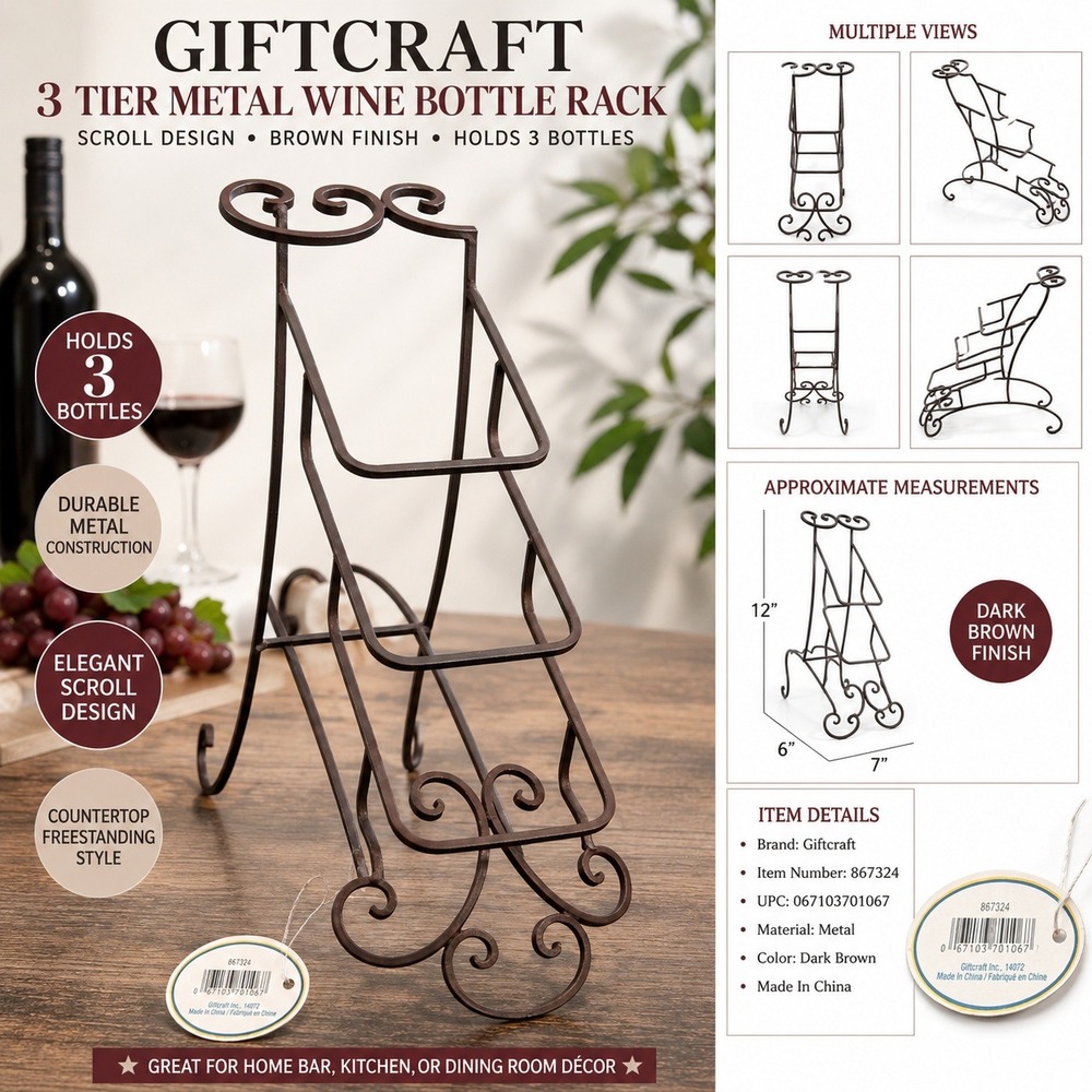 Giftcraft 3 Tier Metal Wine Bottle Rack Scroll Design Brown 867324 Countertop